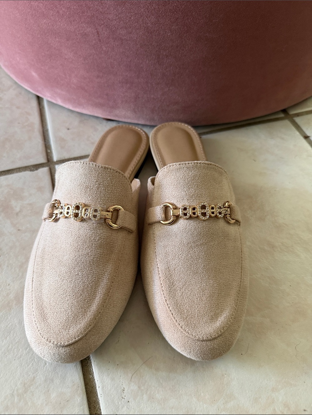 Women’s Nude Suede Slip-On Mules with Gold Accent Sz 6